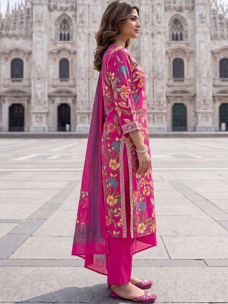 Women Floral Printed Regular Pure Cotton Kurta with Trousers & With Dupatta