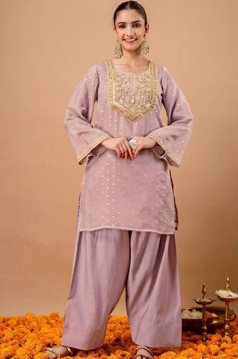 Embroidered Dusty Lavender Silk Blend Farsi Salwar Co Ords for Women