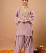 Embroidered Dusty Lavender Silk Blend Farsi Salwar Co Ords for Women
