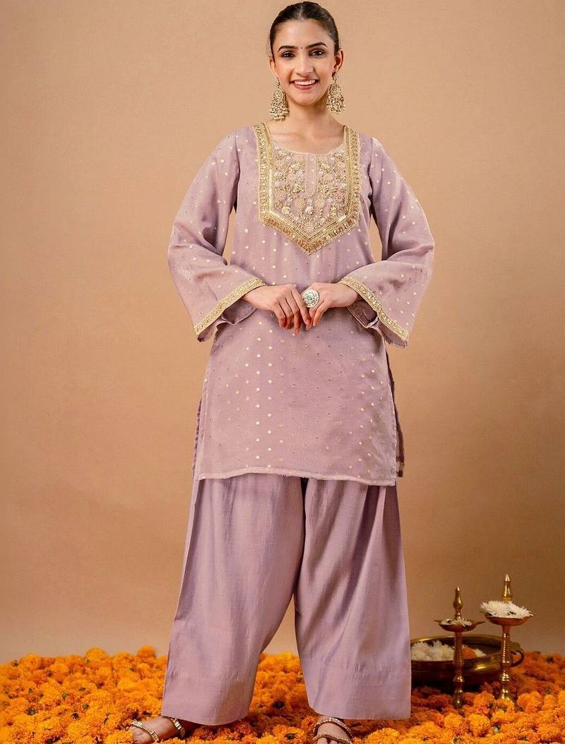 Embroidered Dusty Lavender Silk Blend Farsi Salwar Co Ords for Women