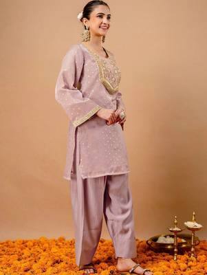 Embroidered Dusty Lavender Silk Blend Farsi Salwar Co Ords for Women 3