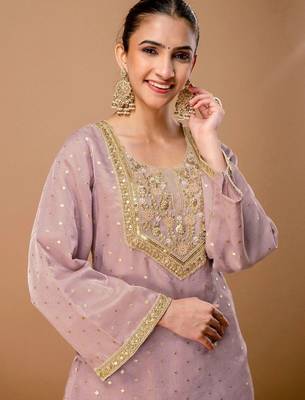 Embroidered Dusty Lavender Silk Blend Farsi Salwar Co Ords for Women 5