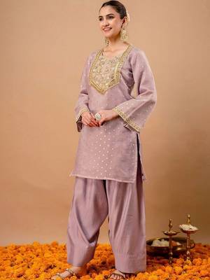 Embroidered Dusty Lavender Silk Blend Farsi Salwar Co Ords for Women 6