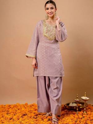 Embroidered Dusty Lavender Silk Blend Farsi Salwar Co Ords for Women 7