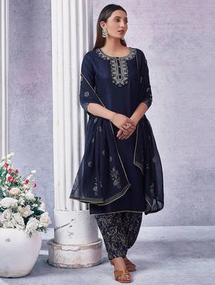 Yoke Design Embroidered Sequinned Straight Kurta With Trousers & Dupatta 1