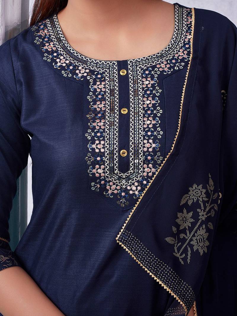 Yoke Design Embroidered Sequinned Straight Kurta With Trousers & Dupatta