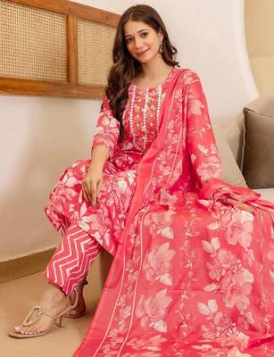Floral Printed Mirror Work Straight Kurta With Trousers And Dupatta 1