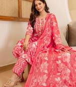 Floral Printed Mirror Work Straight Kurta With Trousers And Dupatta