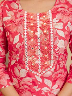 Floral Printed Mirror Work Straight Kurta With Trousers And Dupatta 2
