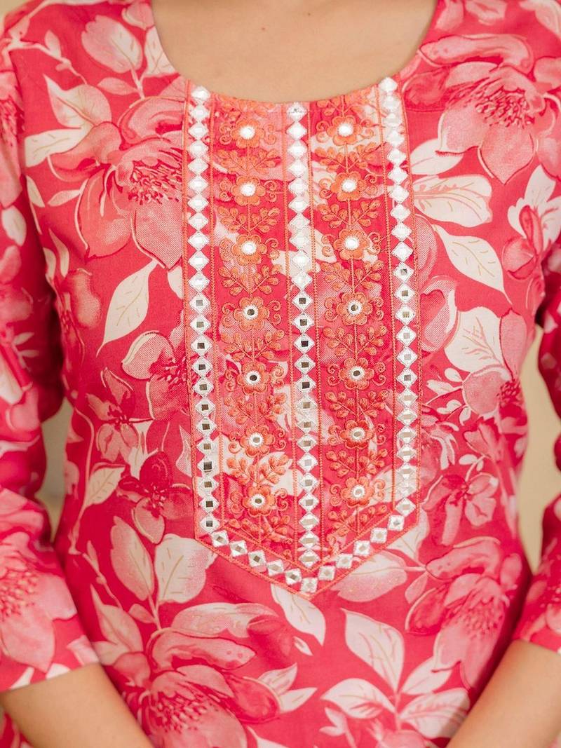 Floral Printed Mirror Work Straight Kurta With Trousers And Dupatta