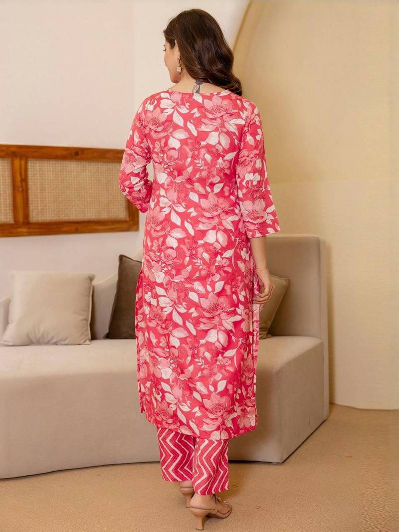 Floral Printed Mirror Work Straight Kurta With Trousers And Dupatta