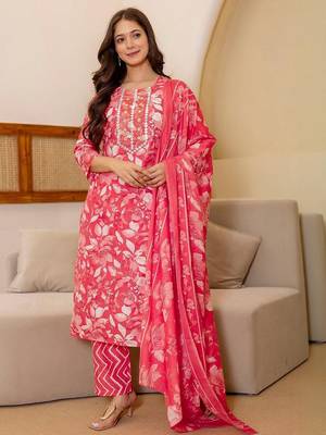 Floral Printed Mirror Work Straight Kurta With Trousers And Dupatta 5