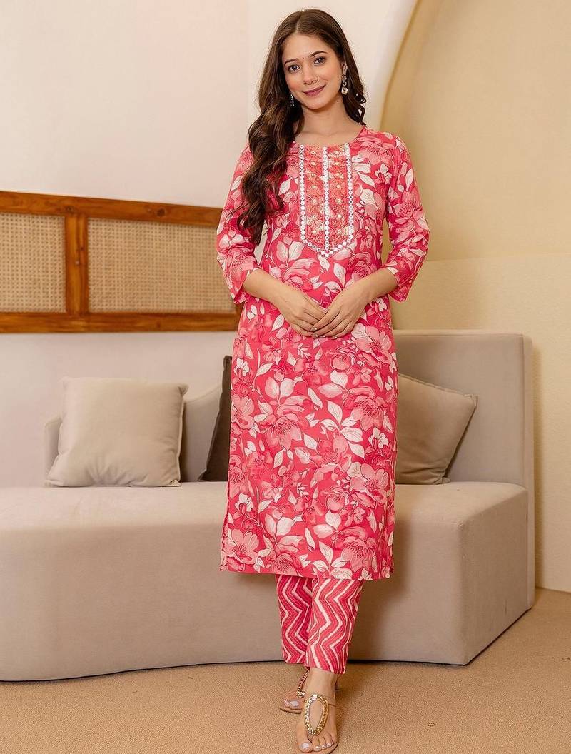 Floral Printed Mirror Work Straight Kurta With Trousers And Dupatta