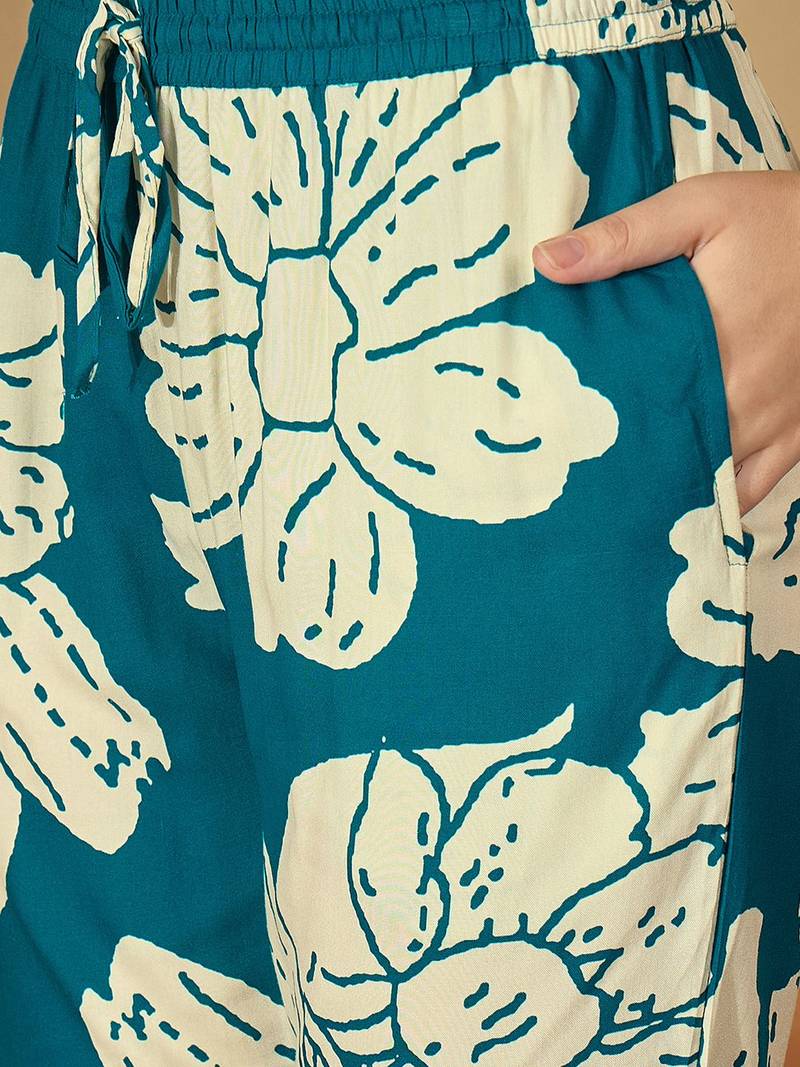 Floral Printed Dark Teal Green Rayon Co Ords for Women