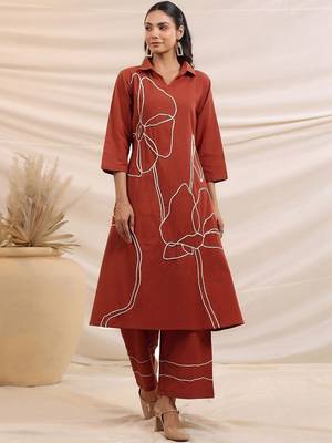 Embroidered Rust Cotton Blend Co Ords for Women 1