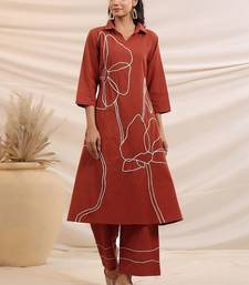 Embroidered Rust Cotton Blend Co Ords for Women
