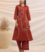 Embroidered Rust Cotton Blend Co Ords for Women
