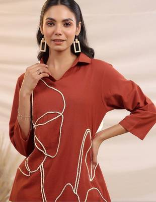 Embroidered Rust Cotton Blend Co Ords for Women 2