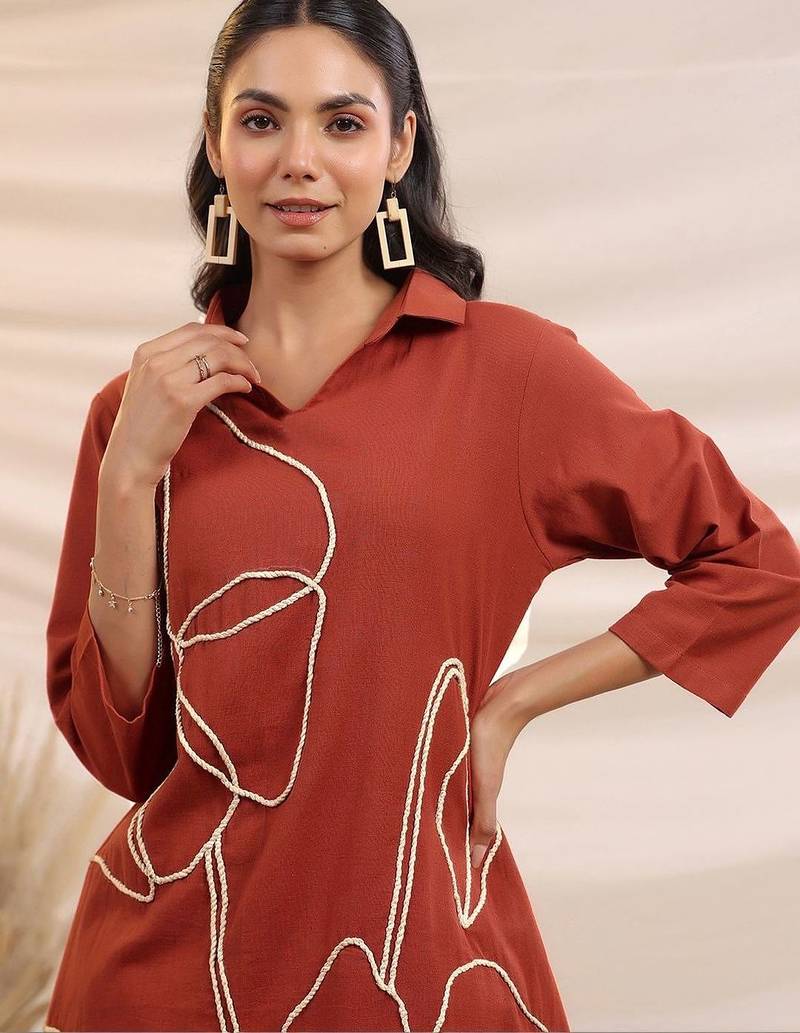 Embroidered Rust Cotton Blend Co Ords for Women