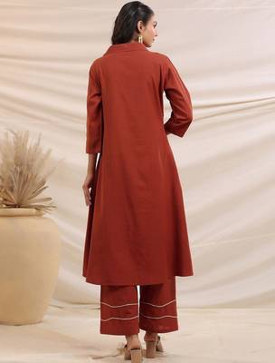 Embroidered Rust Cotton Blend Co Ords for Women 3