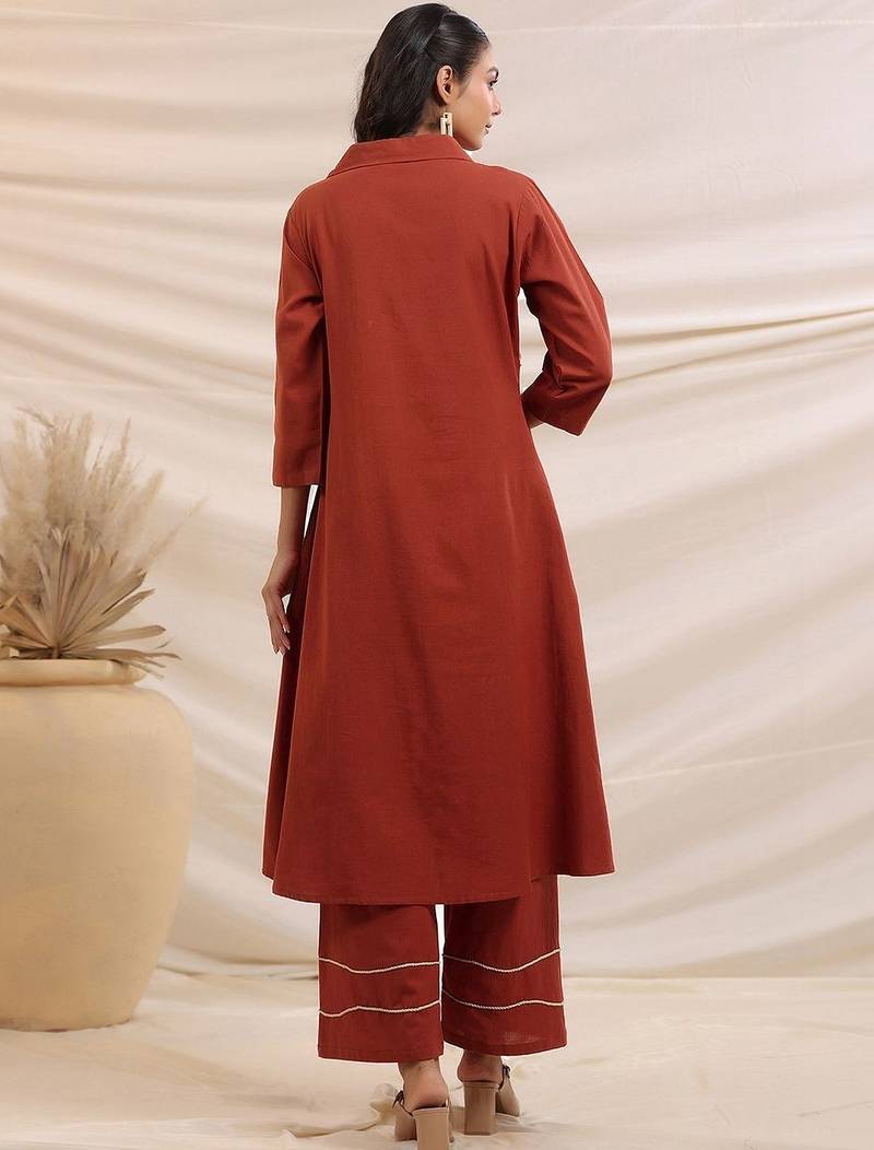 Embroidered Rust Cotton Blend Co Ords for Women