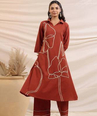 Embroidered Rust Cotton Blend Co Ords for Women 4