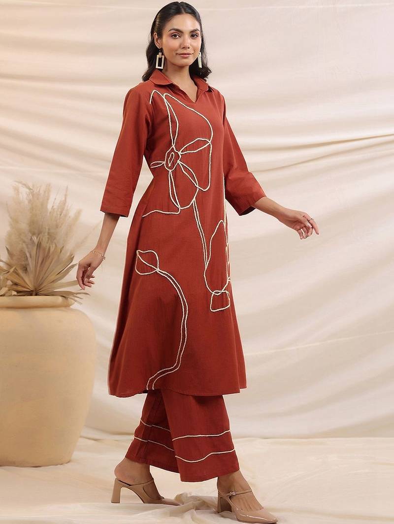 Embroidered Rust Cotton Blend Co Ords for Women