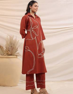 Embroidered Rust Cotton Blend Co Ords for Women 6