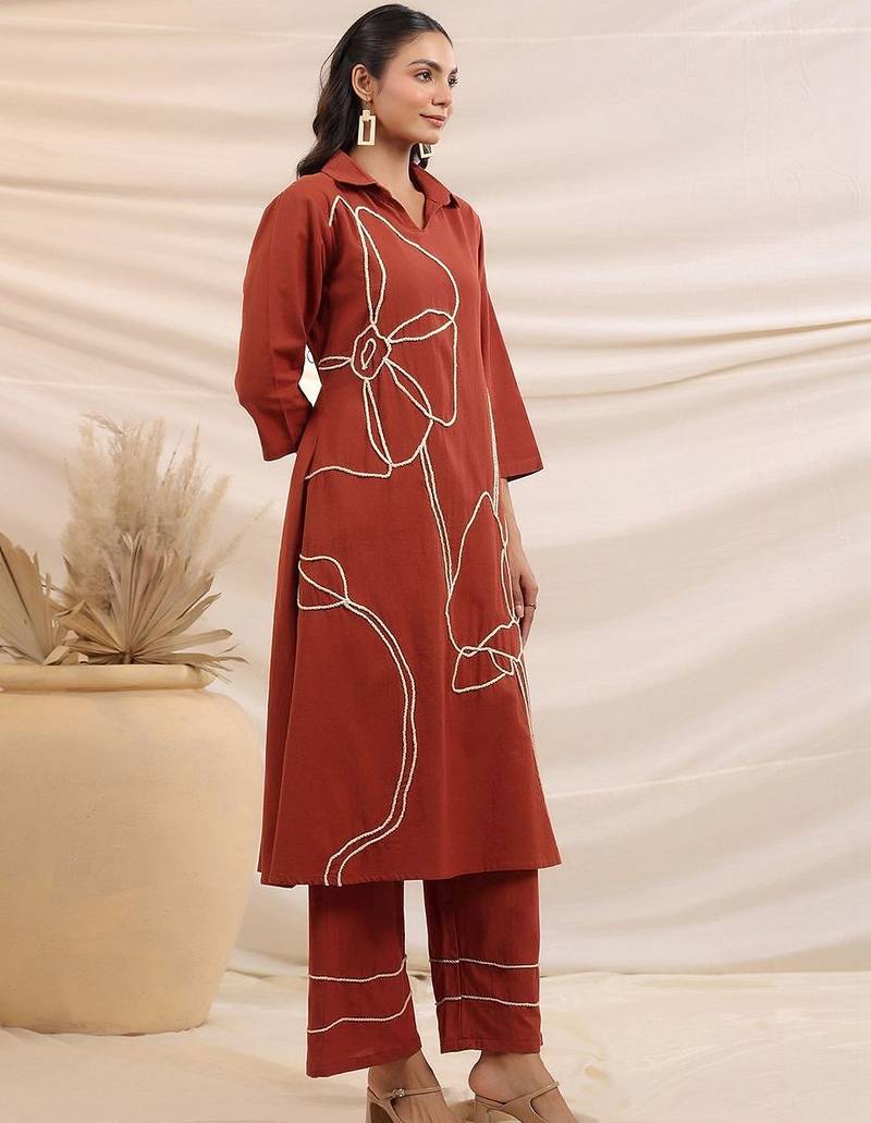 Embroidered Rust Cotton Blend Co Ords for Women