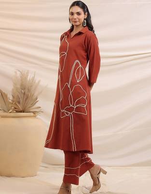 Embroidered Rust Cotton Blend Co Ords for Women 7