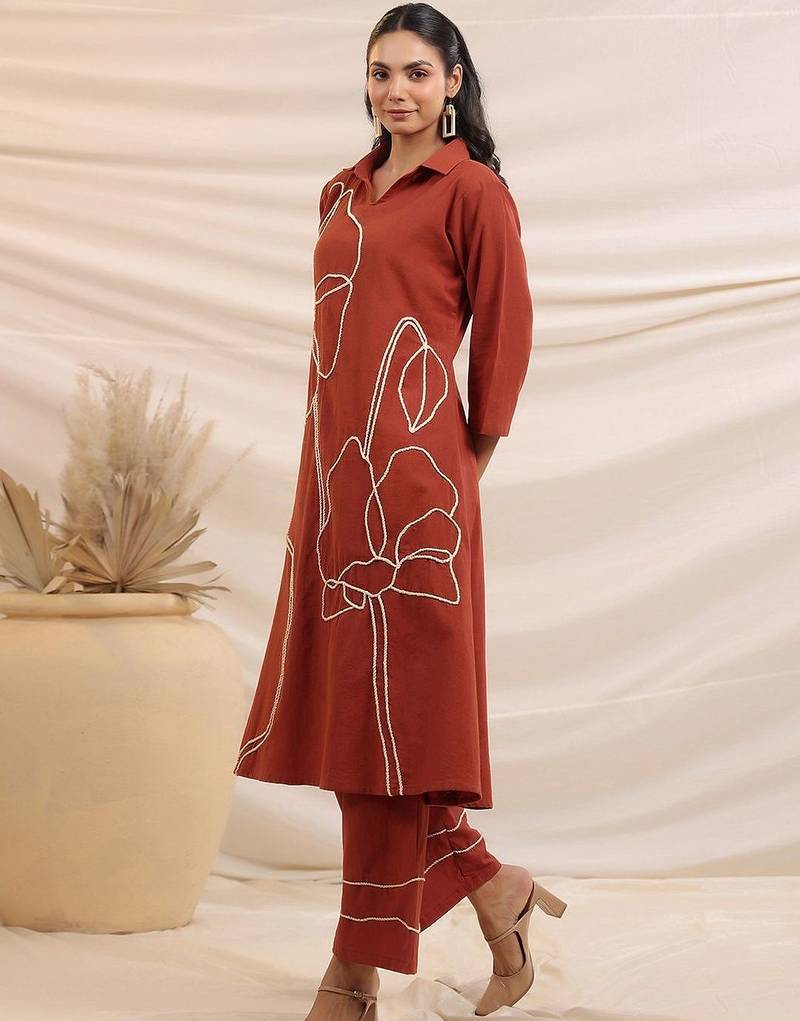 Embroidered Rust Cotton Blend Co Ords for Women