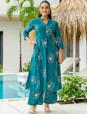 Floral Printed Dusty Teal Green Cotton Co Ords for Women 1