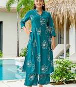 Floral Printed Dusty Teal Green Cotton Co Ords for Women