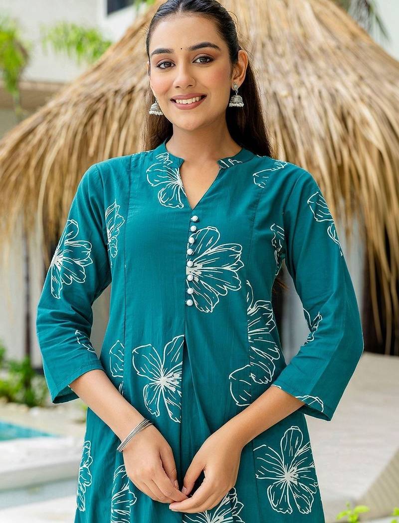 Floral Printed Dusty Teal Green Cotton Co Ords for Women