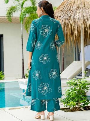Floral Printed Dusty Teal Green Cotton Co Ords for Women 3