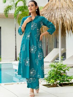Floral Printed Dusty Teal Green Cotton Co Ords for Women 4