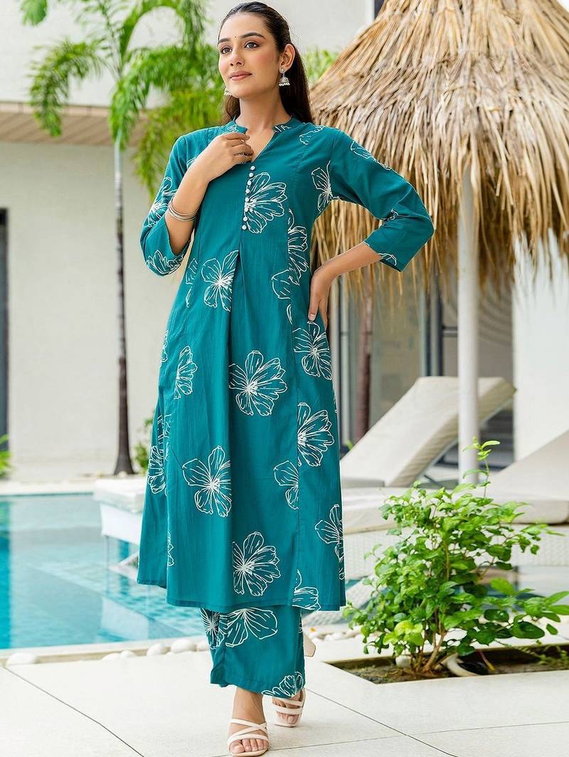 Floral Printed Dusty Teal Green Cotton Co Ords for Women