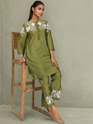 Embroidered Mehandi Green Silk Co Ords for Women 1