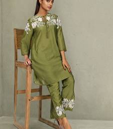 Embroidered Mehandi Green Silk Co Ords for Women
