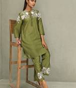 Embroidered Mehandi Green Silk Co Ords for Women