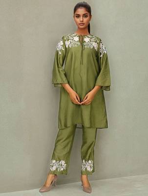 Embroidered Mehandi Green Silk Co Ords for Women 2