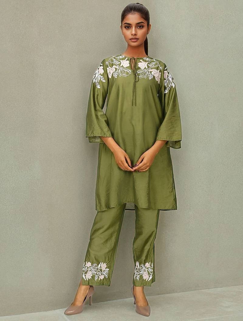 Embroidered Mehandi Green Silk Co Ords for Women