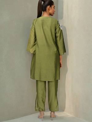 Embroidered Mehandi Green Silk Co Ords for Women 3