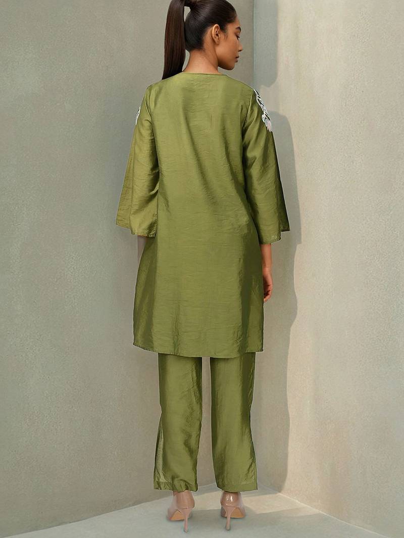 Embroidered Mehandi Green Silk Co Ords for Women