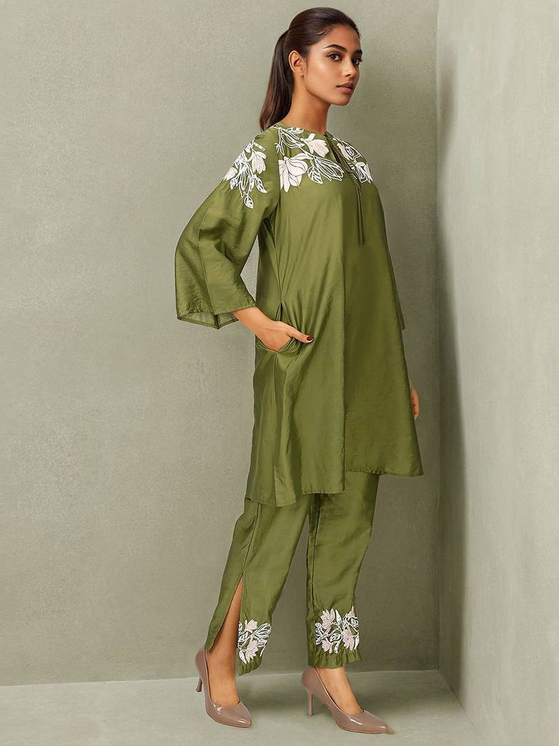 Embroidered Mehandi Green Silk Co Ords for Women