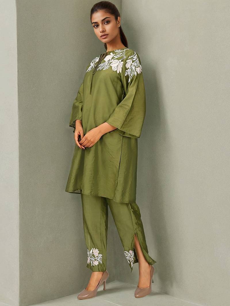 Embroidered Mehandi Green Silk Co Ords for Women