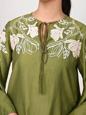 Embroidered Mehandi Green Silk Co Ords for Women 6