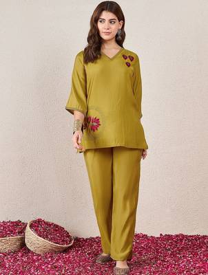 Embroidered Mustard Silk Co Ords for Women 1