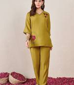 Embroidered Mustard Silk Co Ords for Women