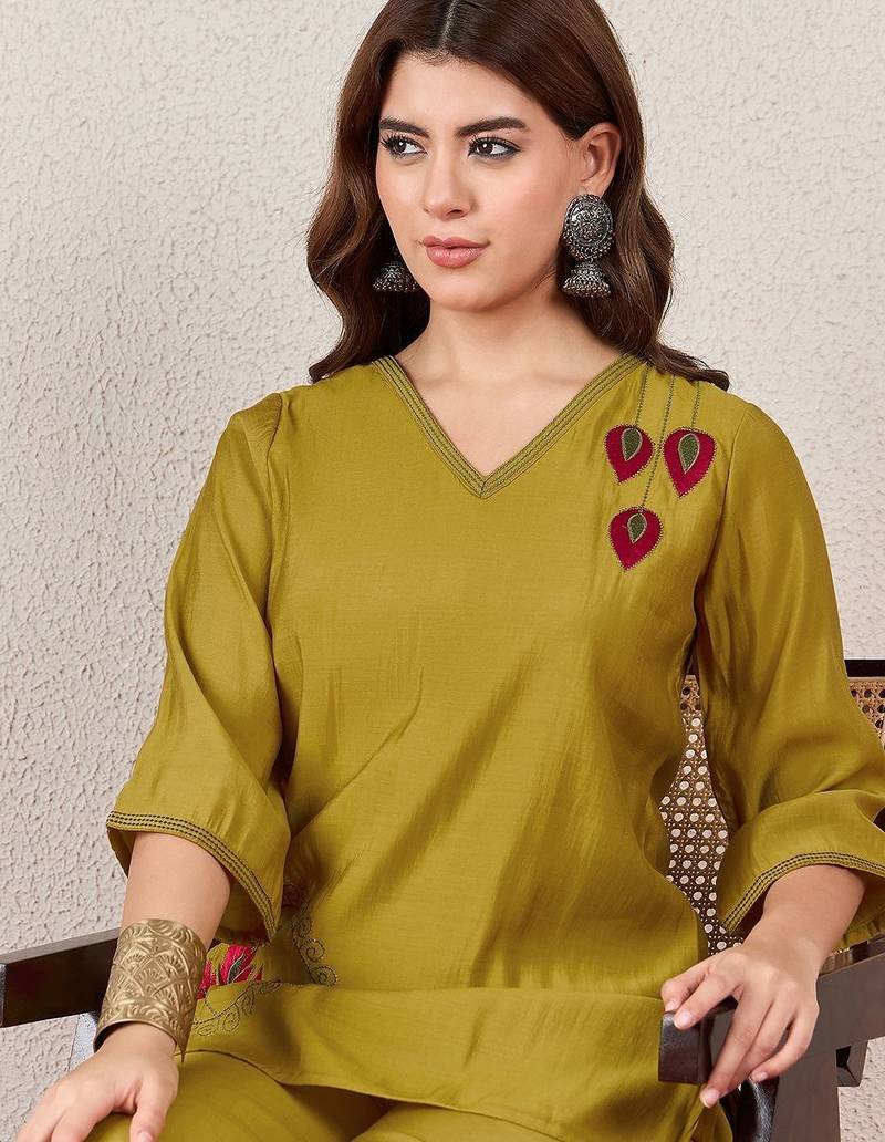 Embroidered Mustard Silk Co Ords for Women